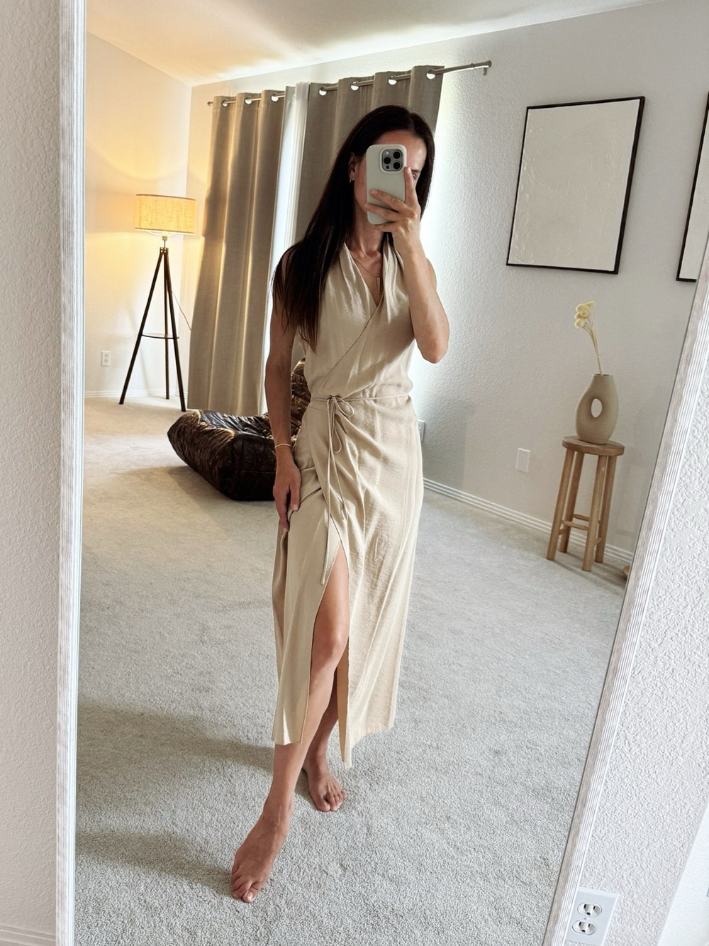 Vince Cream Wrap Midi Dress with Side Tie